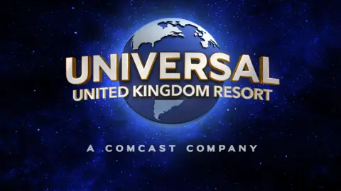 The logo for Universal United Kingdom resort shows a blue globe in space, surrounded by blue stars with the words "Universal United Kingdom Resort" w