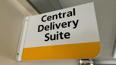A white sign with black writing saying Central Delivery Suite. There is a blank yellow strip underneath the writing for design purposes. 