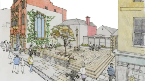 Canterbury City Council A drawing of how a public square could look after refurbishment shows more planting and seating, steps leading up to the square from the main street and a footpath, and a mural of a church window on the side of a building.