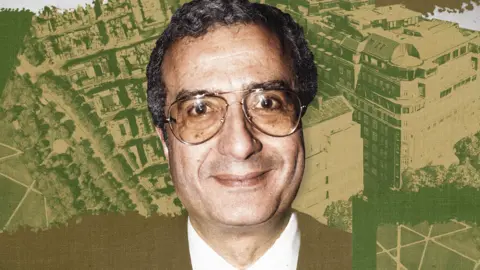 Shutterstock A photo of Ali Fayed with a sepia tone, taken several decades ago. He is smiling and wearing large tinted glasses.  Behind is a treated image in green of Park Lane which takes in some of the greenery of Hyde Park.