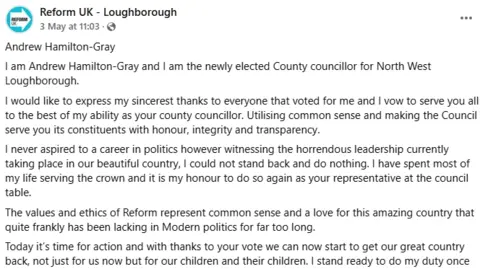 Facebook A Facebook Post with a message from Andrew Hamilton-Gray