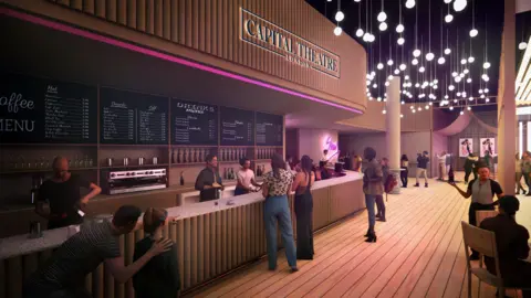 Capital Theatre An artist's impression of the Capital Theatre - at a long bar, with some people stood and others in seats.