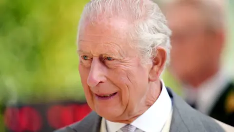 King Charles smiles while wearing a grey suit