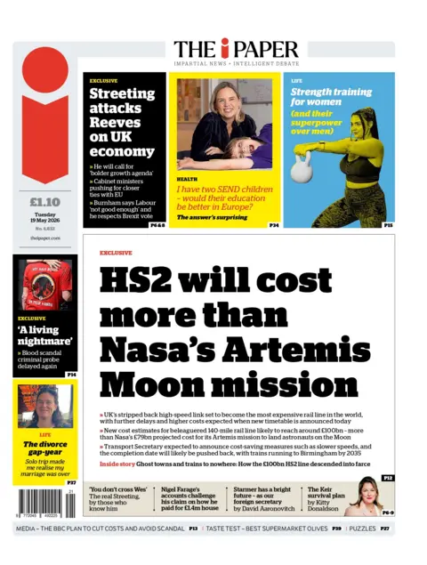 The headline on the front page of the i Newspaper reads: "HS2 will cost more than Nasa's Artemis Moon mission". 