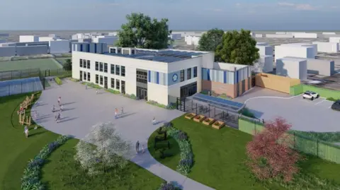 Bowmer + Kirkland An artist's impression of a flat roofed, two storey school building. It is clad in white with patches of blue and grey, and has solar panel on the roof. In front of the building is a paved concourse surrounded by grass