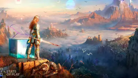 Sony A fantasy landscape showing a female warrior stood on a hill on the left. She is wearing full body silver armour and holding a sword, she has long blond hair. In front of her is a misty view of mountains and castles 