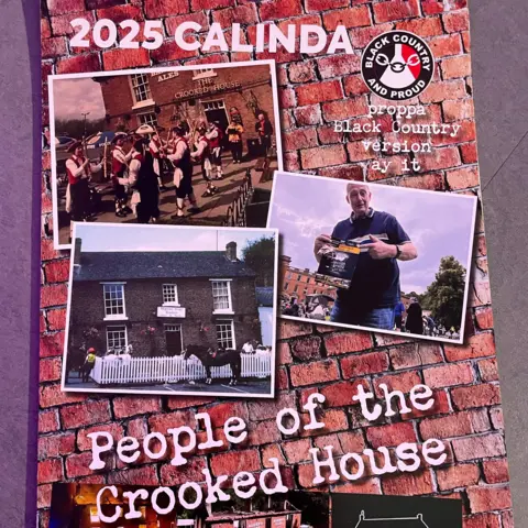 A calendar with a brick pattern in the background and featuring pictures of people outside the Crooked House pub over the years. The top says 2025 Calinda and the title at the bottom says People of the Crooked House.