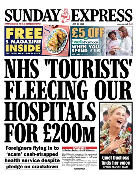 "NHS 'tourists' fleecing our hospitals for £200m" reads the headline on the front page of the Sunday Express.
