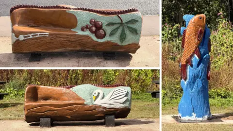 Various images of a bench and post that has in recent weeks been painted with bold colours.