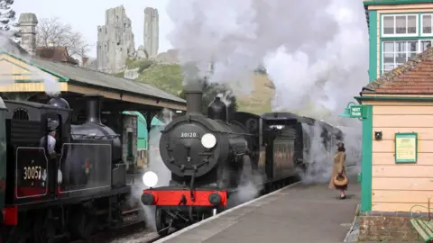 Andrew PM Wright The black T9 steam locomotive at Corfe Castle station with the castle ruins on the hill in the background