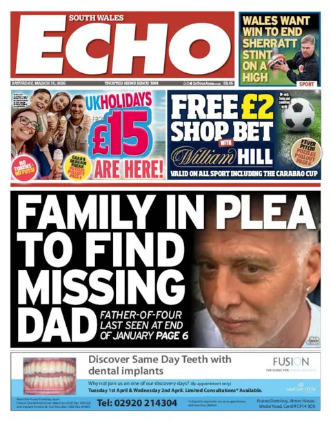 South Wales Echo Front page of the South Wales Echo  has a picture of a man with grey hair and beard next the headline Family in plea to find missing dad