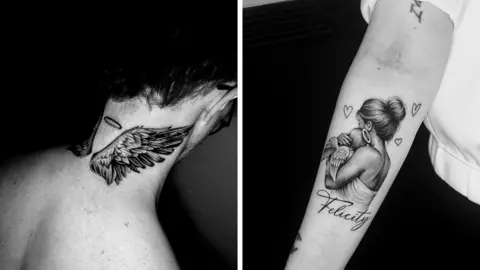 Jade Morris / Joe Bebbington A black and white composite image of tattoos. On the left, Joe is showing a pair of angel wings tattooed on the back of his neck. On the right is a tattoo of Jade holding Felicity in her arms, with the baby depicted with a halo and angel wings. Under that tattoo is the name Felicity in cursive writing