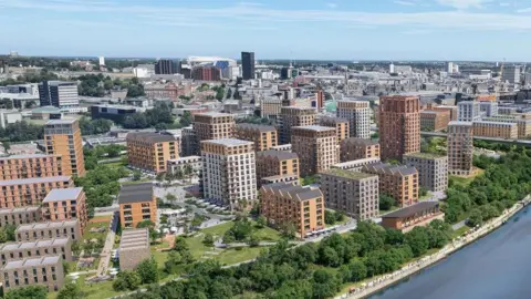 Newcastle City Council Artist's impression showing several multi-storey blocks of flats, of different heights and appearances, alongside landscaped areas. The River Tyne runs to the right of the development.