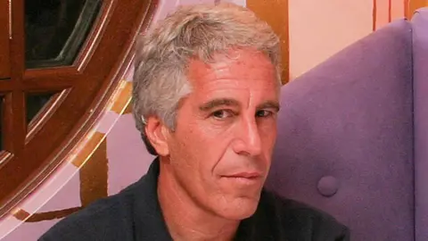 Jeffrey Epstein looking at the camera with his face slightly turned to his left. He is wearing a blue top and is sat on what looks like a purple sofa, with a window partially visible to his right.
