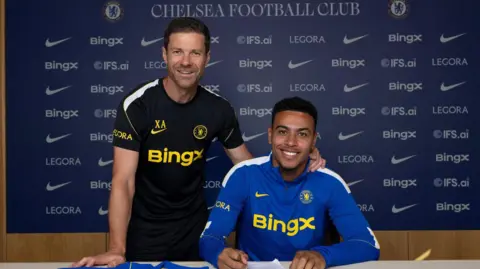 Morgan Rogers with Xabi Alonso after signing for Chelsea