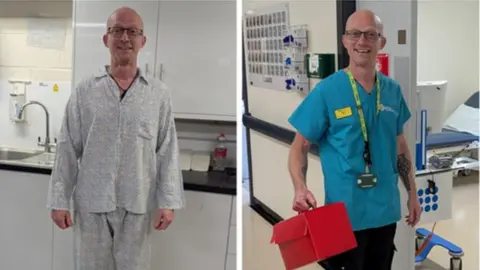 2gether Support Solutions In the first picture a man stands wearing hospital pyjamas. In the second picture he is wearing the uniform of a hospital porter.