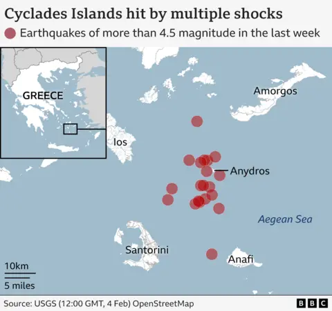 A map showing islands in the Aegean Sea, with Santorini, Anafi, Anydros, Amorgos and Ios labelled.