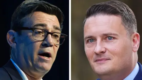 A split image of Andy Burnham and Wes Streeting. Burnham is wearing a white shirt, a dark coloured jacket and glasses. Streeting is wearing a white shirt and a blue jacket.