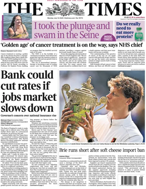 The headline on the front page of the Times reads: “Bank could cut rates if job markets slows down”.
