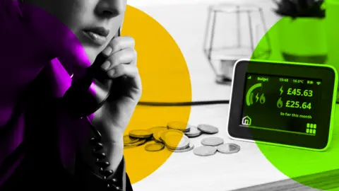 Stylised picture of a woman on the phone with cash on a table and a smart meter display in the foreground.