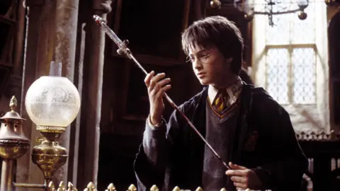 Daniel Radcliffe in the Harry Potter movie holding the sword of Godric Gryffindor 