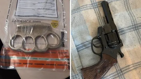 Hampshire Police A composite. On the left is a silver knuckle duster in a police evidence bag and on the right is a black and brown revolver style handgun