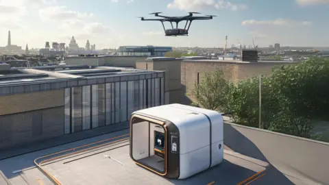 An artist impression of a drone charging point which is a white squared box with a black drone flying over a rooftop. 