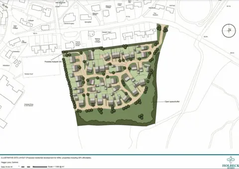 Holbeck Homes Plans of the proposed development. Dozens of properties are drawn in an open space tot he east of a primary school and the the south of more (existing) properties. 