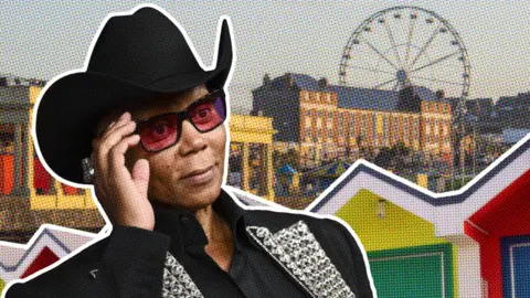 A composite image of RuPaul in front of another image of Barry Island beach including the big wheel and beach huts