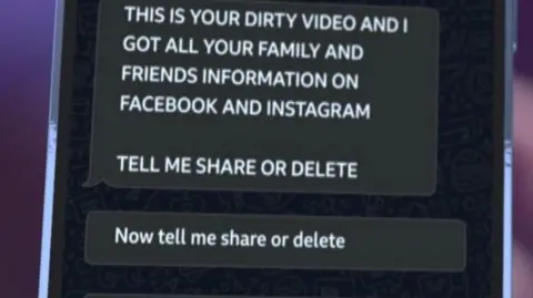 A close-up of a screen showing threatening messages claiming to have a “dirty video” and information about family and friends on Facebook and Instagram, followed by a demand asking whether the material should be shared or deleted.
