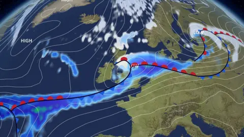 A pressure chart showing an area of low pressure over the UK.