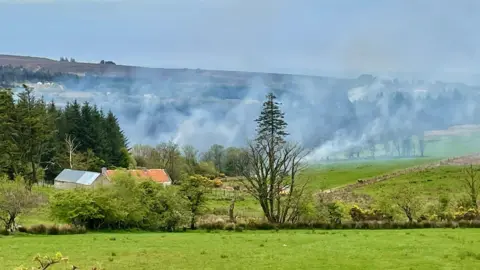 David Coulter Smoke from a fire is rising into the sky in the countryside. Fields and trees and surrounding the fire. 
