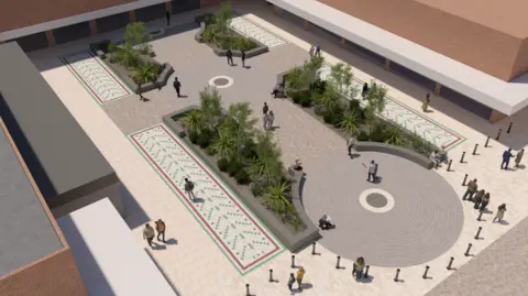 An artist's drawing shows a circular paved square with plans and people walking around