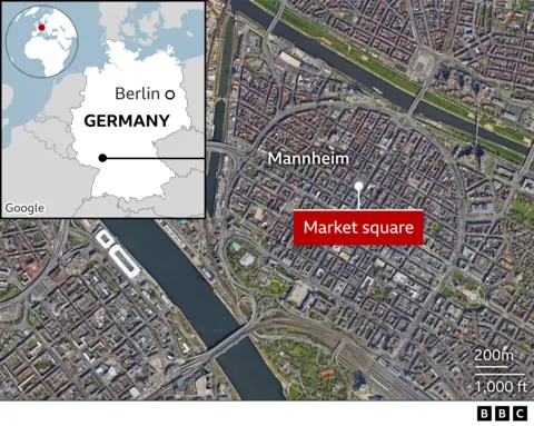 Map of Mannheim showing where the market square is