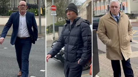 A three-way split photo of three men, one in blue suit and open neck shirt, another in dark jacket and dark woolly hat, and another in light brown raincoat.