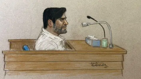 Court sketch of Urfan Sharif in the witness box. 