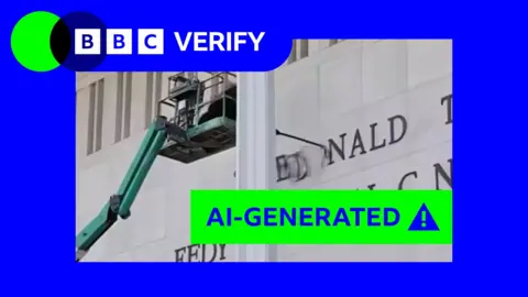 A crane removing the word "Donald" from the front of the Kennedy Center in Washington DC with an "AI-generated" over it.