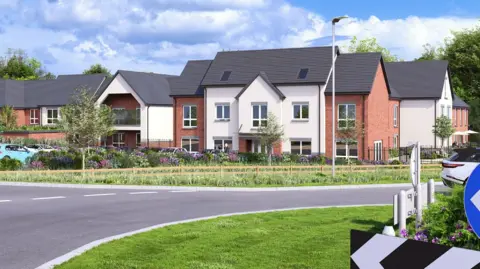 KWL Architects An artist's impression of a new care home development. A number of white and red brick houses are separated from a roundabout by a grassy area planted with flowers and trees.