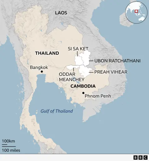 Mapa da fronteira da Tailândia com o Camboja