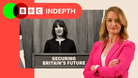 A treated image of Rachel Reeves standing on a podium that reads: "Securing Britain's Future" with a edited image of Laura K on the side