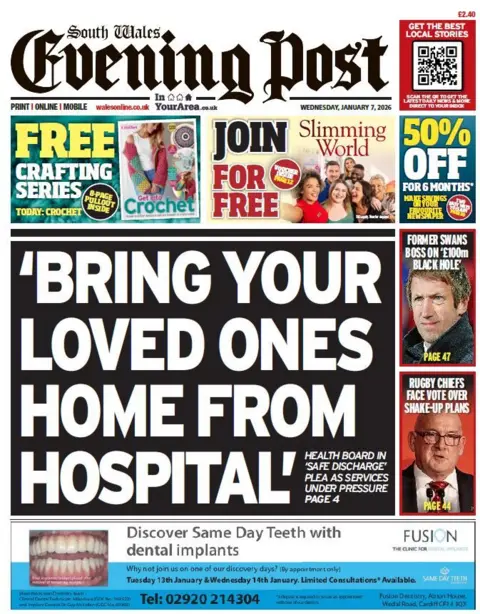 South Wales Evening Post South Wales Evening Post newspaper front page: Main headline on the page says 'Bring your loved ones home from hospital'. 