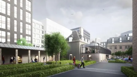 Scotsman Group Artist impression of the former High School of Glasgow site. The building has a glass terrace and large windows. Green hedges line the pavement.