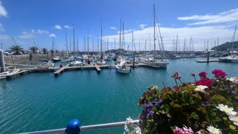 Sailing boats in a granite harbour moored to pontoons on a sunny day. A railing and flowers are in the foreground and palm trees can be seen in the distance.