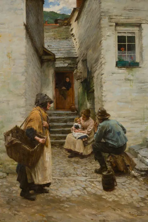 Penlee House An oil painting depicting fishermen and their families at the turn of the century. There is a woman sat on a step holding a young child and a man is sat talking to her as another woman walks by. At the top of the steps is a house with a stable door half open with a woman looking out of it. Beyond there is a green hill and blue sky.