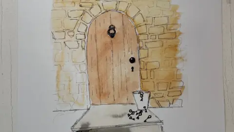 Wendy Brookfield A painting of a closed wooden door in a stone wall with a bucket of keys on a step in front of it
