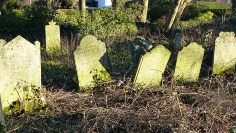 Dave Stewart a close up of five worn gravestones embedded in brambles. They are lit by a low afternoon sun. 