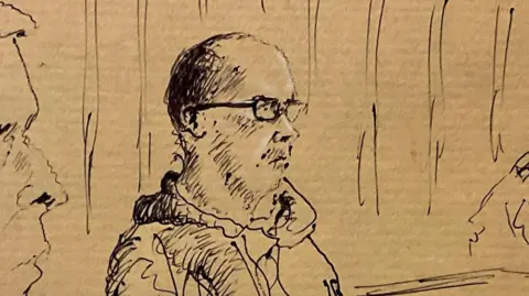 An artist's impression of Kinahan during his hearing on Sunday - sketch shows him wearing glasses, sat wearing a hooded jumper