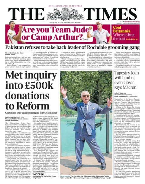 The headline on the front page of the Times reads: 'Met inquiry into £500k donations to Reform.'