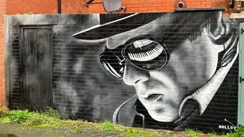A painted mural of Sir Van on a bricked wall. The wall is painted black. A piano is reflected in Sir Van's sunglasses. 