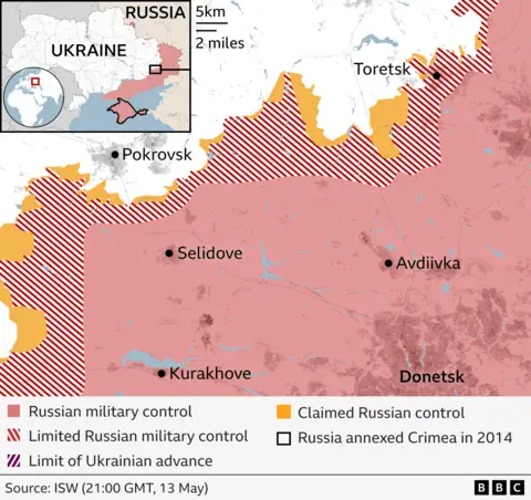 Map showing eastern front line in Ukraine